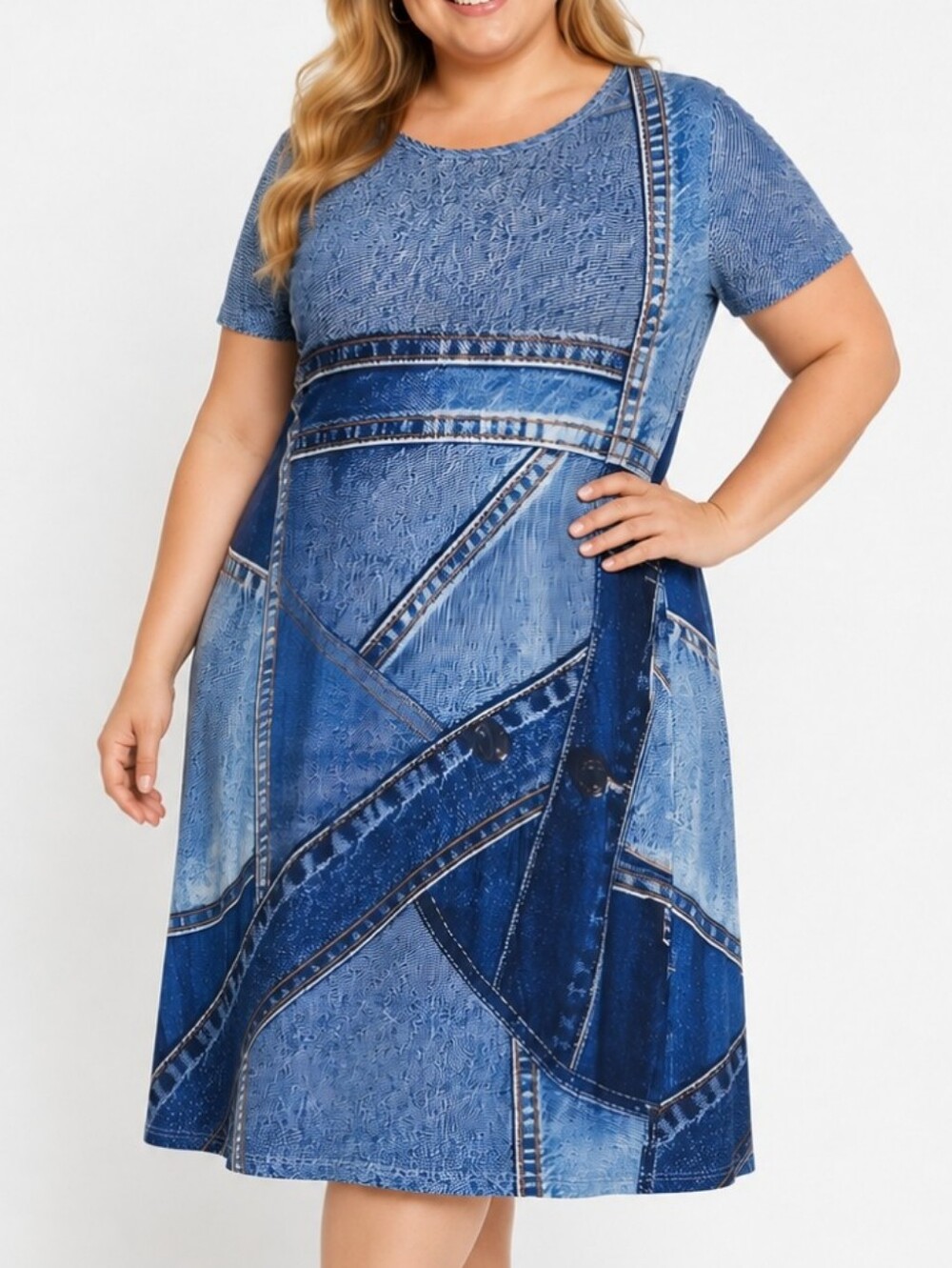 Plus-Size Blue Patchwork Midi Dress